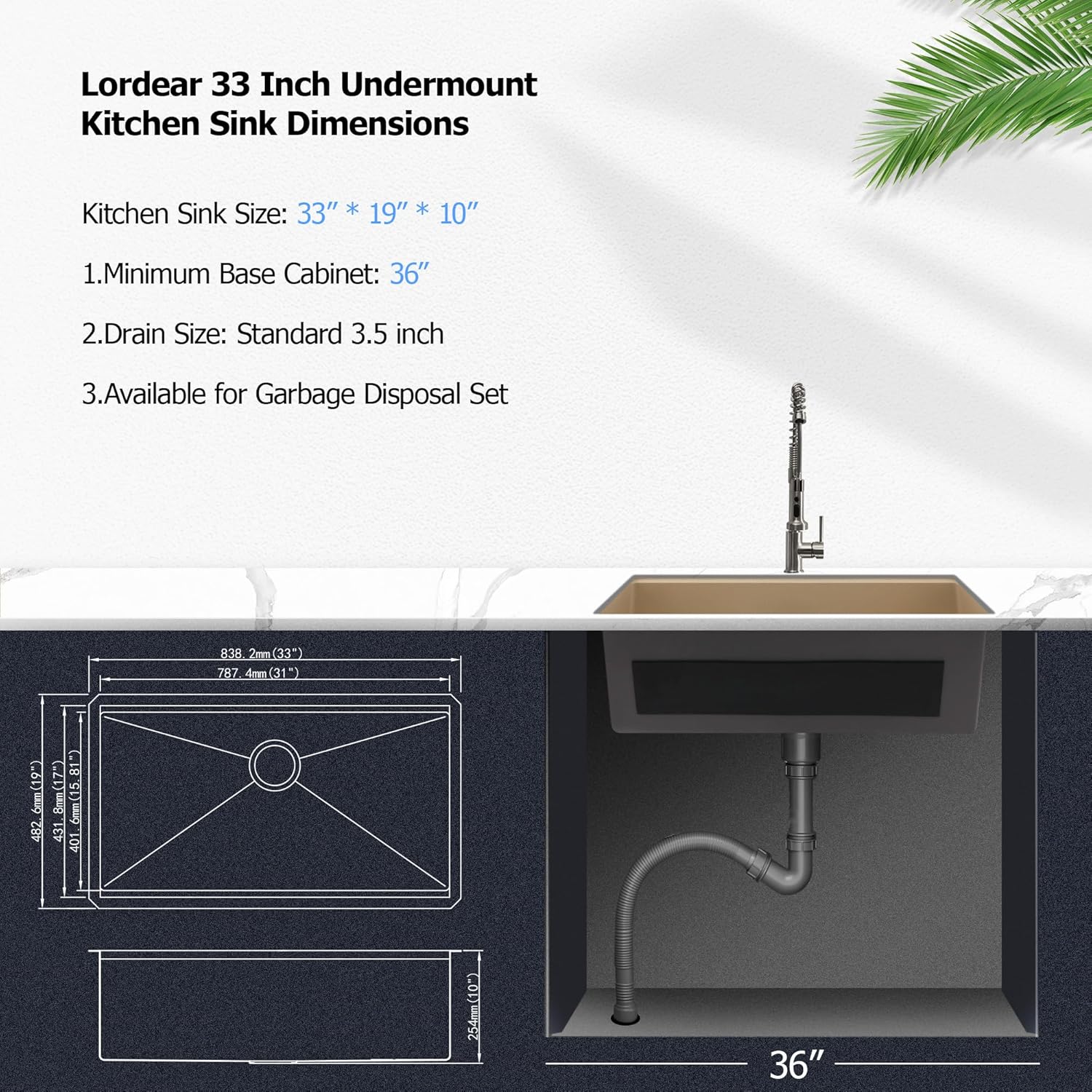 LORDEAR 33 Inch Kitchen Sink Workstation - Marble Coating Finish, 16 Gauge Stainless Steel Single Bowl Undermount sink, 33x19 Inch Kitchen Sink with Accessories Handmade  from Lordear