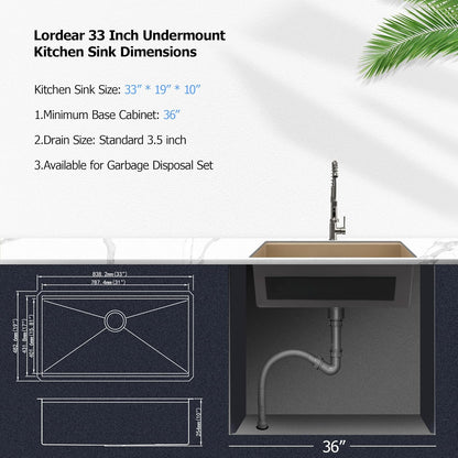 LORDEAR 33 Inch Kitchen Sink Workstation - Marble Coating Finish, 16 Gauge Stainless Steel Single Bowl Undermount sink, 33x19 Inch Kitchen Sink with Accessories Handmade  from Lordear