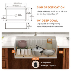 Lordear 33'' Ceramic Apron Front Step Single Bowl Kitchen Sink with Gold Drain Strainer & Complete Workstation Accessories
