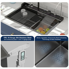 Lordear Drop-in Single Bowl Waterfall Stainless Steel Workstation Kitchen Sink with Digital Display in Honeycomb Finish