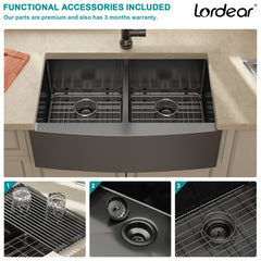 Lordear 36'' Gunmetal Black Apron Front Double Bowl Stainless Steel Farmhouse Sink