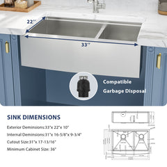 Lordear 33'' x 22'' Apron Front Double Bowl Stainless Steel Farmhouse Sink