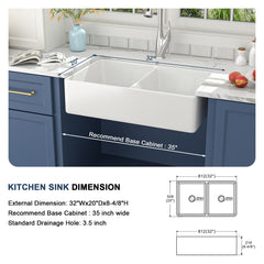 Lordear 32'' x 20'' Apron Front Double Equal Bowl Fireclay Farmhouse Sink