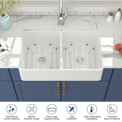 Lordear 32'' x 20'' Apron Front Double Equal Bowl Fireclay Farmhouse Sink