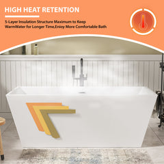 Lordear 67'' White Acrylic Rectangular Freestanding Soaking Tub with Overflow and Drain