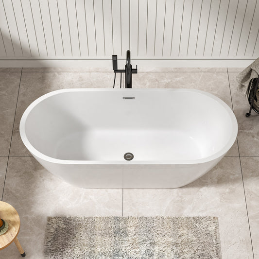 Lordear White Oval Acrylic Freestanding Soaking Tub with Overflow and Drain