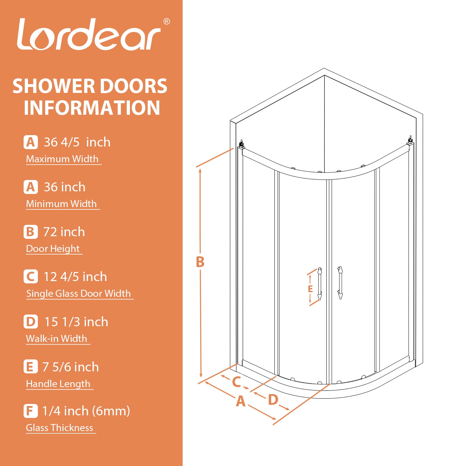 Lordear Tempered Glass Frameless Neo-Round Double Sliding Clear Bathroom Shower Door