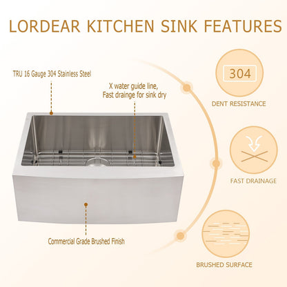 24 x 21 Inch Farmhouse Kitchen Sink 16 Gauge Stainless Steel Kitchen Sink Single Bowl Apron Front Sink with Drying Rack and Bottom Grid  from Lordear