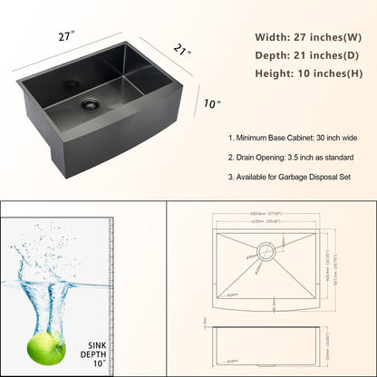 27 Inch Farmhouse Kitchen Sink Gunmetal Black Single Bowl Sink Apron Front Sink 16 Gauge Stainless Steel Kitchen Sink  from Lordear