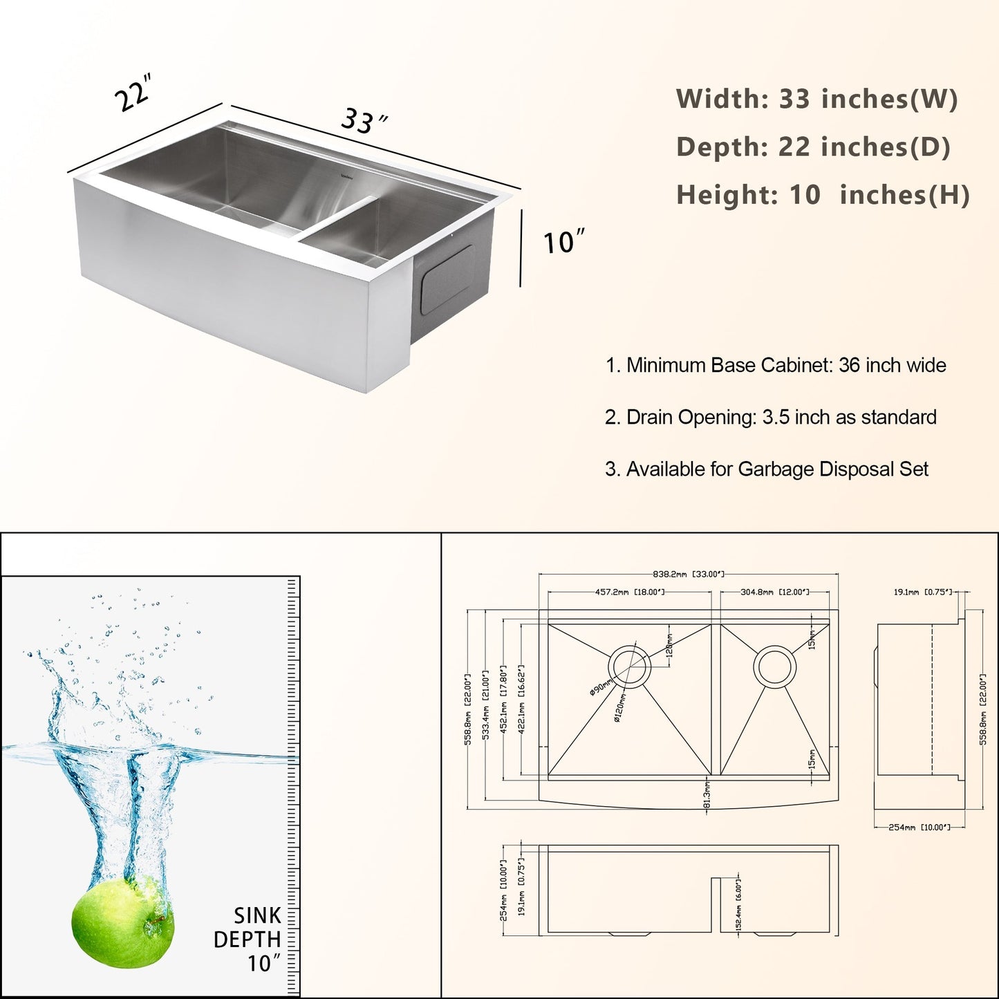 33 Inch Farmhouse Kitchen Sink Low-divider Sink Workstation Sink Double Bowl 60/40 Sink  16 Gauge Stainless Steel Kitchen Sink  from Lordear