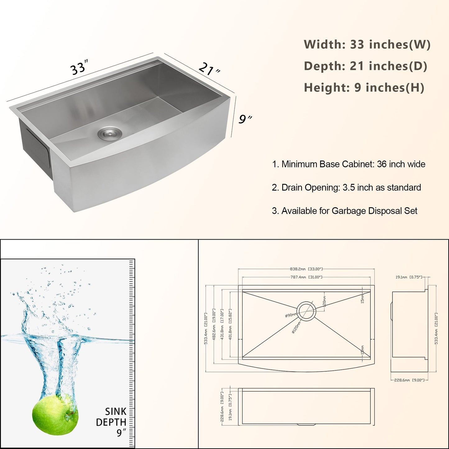 Lordear 33 Inch Farmhouse Sink - Stainless Steel Kitchen Sink with Ledge Workstation Apron Front 18 Gauge Single Bowl Farm Kitchen Sink | Big Deal, Kitchen Apron Front Sink, Kitchen Farmhouse Sink, Kitchen Workstation Sink | Lordear