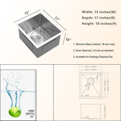 Lordear 15x17 Inch Undermount Sink Bar Sink 16 Gauge  Stainless Steel Bar Prep Sink R10 Tight Radius Deep Single Bowl Sink  from Lordear