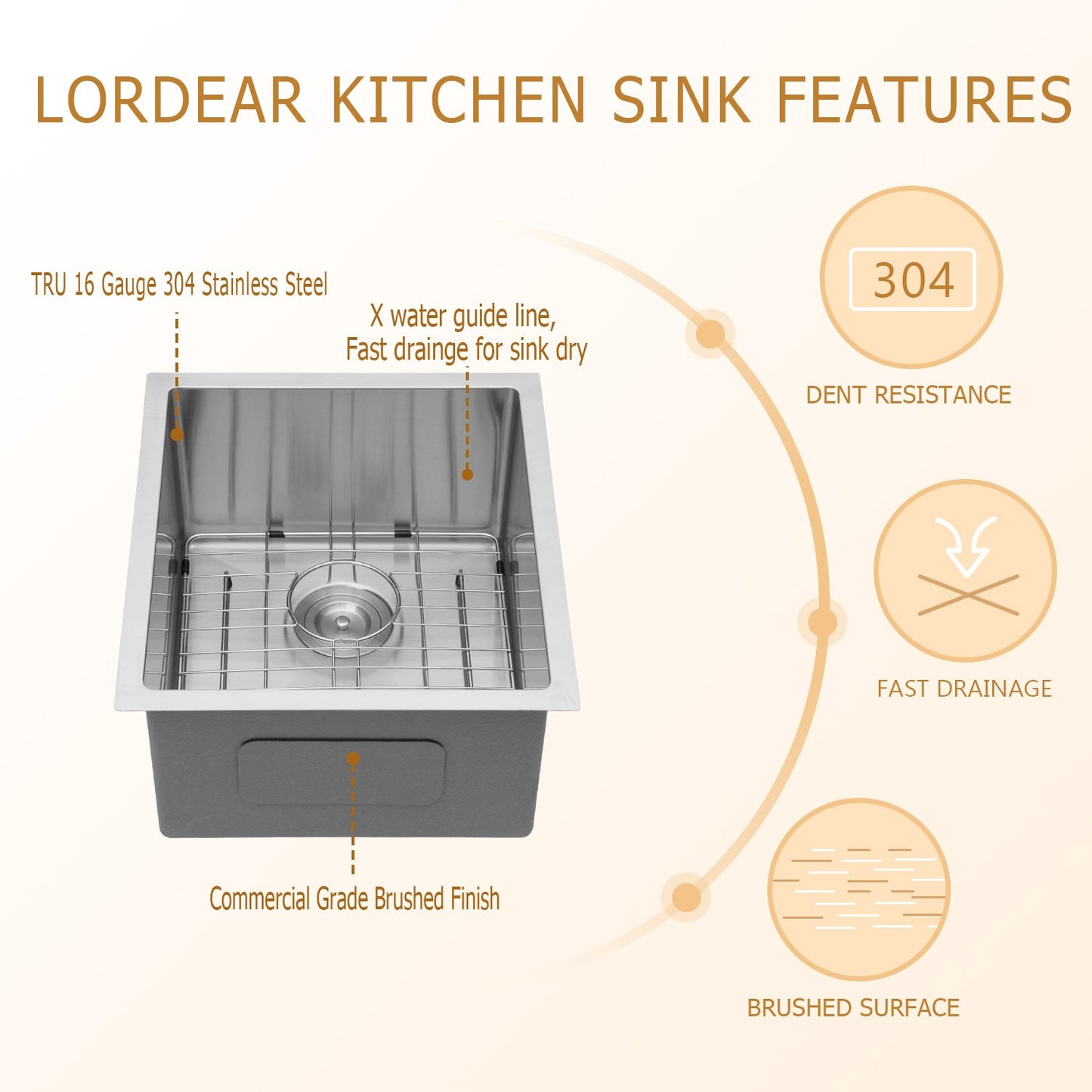 Lordear 15x17 Inch Undermount Sink Bar Sink 16 Gauge  Stainless Steel Bar Prep Sink R10 Tight Radius Deep Single Bowl Sink  from Lordear