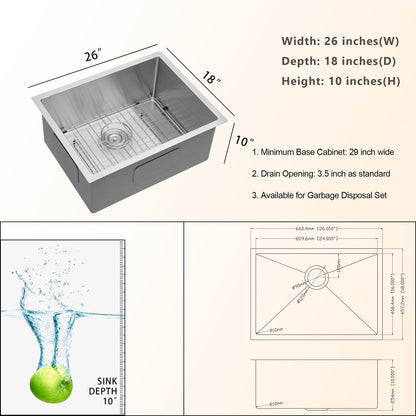 26/28x18 Inch Lordear Undermount Kitchen Sink 16 Gauge Stainless Steel Single Bowl Sink 10" Deep Under Counter Sink  from Lordear