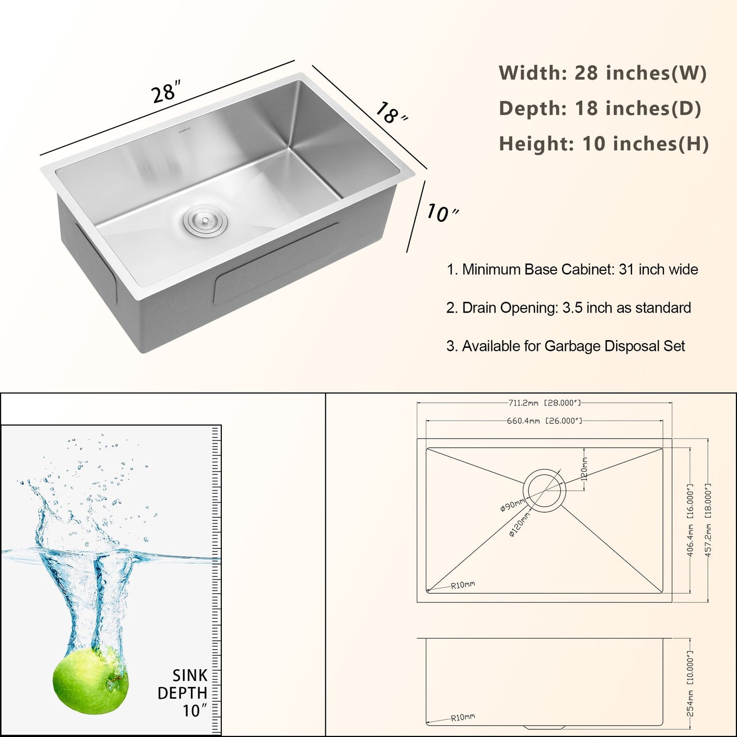 26/28x18 Inch Lordear Undermount Kitchen Sink 16 Gauge Stainless Steel Single Bowl Sink 10" Deep Under Counter Sink  from Lordear