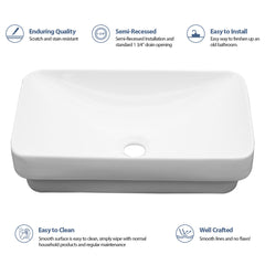 Lordear 19'' x 12'' White Ceramic Semi Recessed Rectangular Bathroom Vessel Sink