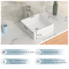 Lordear 15'' x 15'' White Ceramic Drop-in Square Bathroom Vessel Sink