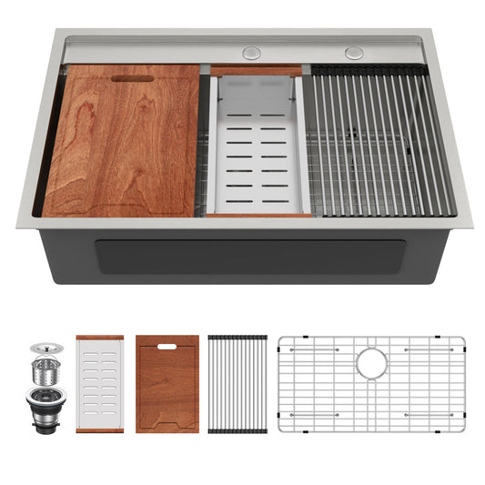 Lordear 33'' x 22'' Drop-in Single Bowl Stainless Steel Workstation Kitchen Sink