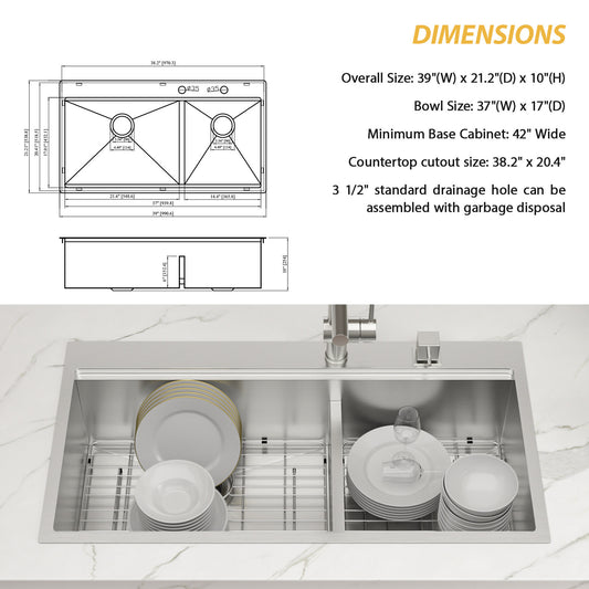 Lordear 39x22 Inch Single Bowl Stainless Steel Drop In Workstation Kitchen Sink with Mixing Bowl