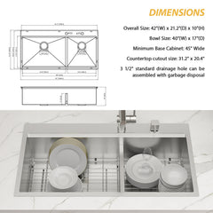 Lordear 39 Inch Drop In Kitchen Sink Multifunctional Workstation Large Bowl 39x22 Topmount Kitchen Sink 16 Gauge Stainless Steel 60/40 Double Bowl Basin with Mixing Bowls