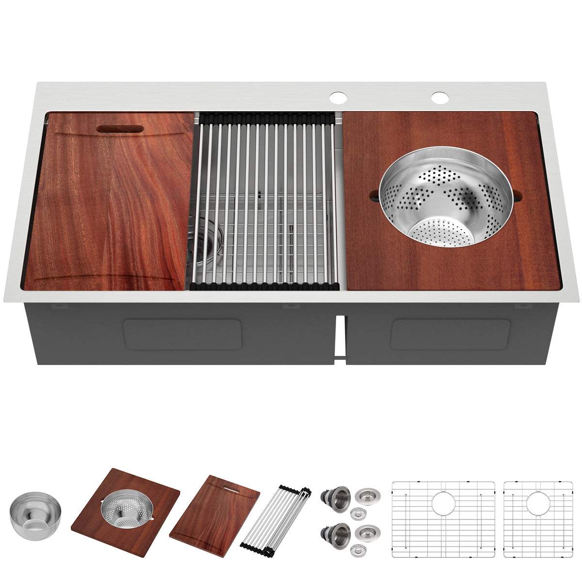 Lordear 39 Inch Drop In Kitchen Sink Multifunctional Workstation Large Bowl 39x22 Topmount Kitchen Sink 16 Gauge Stainless Steel 60/40 Double Bowl Basin with Mixing Bowls