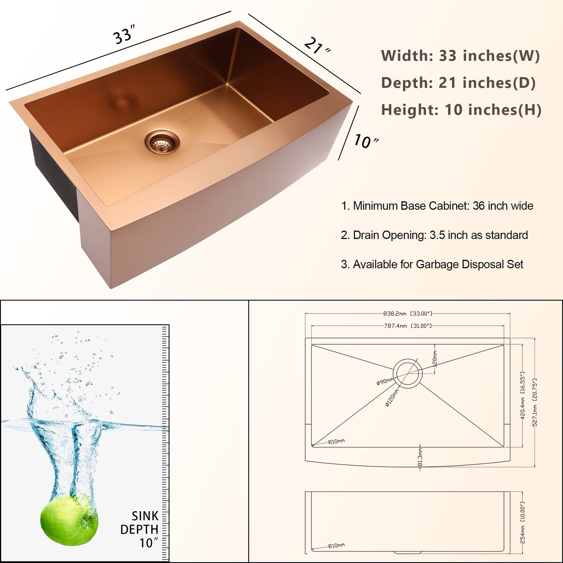 33 Inch Farmhouse Kitchen Sink Rose Gold Sink 16 Gauge Stainless Steel Kitchen Sink Single Bowl Sink  from Lordear