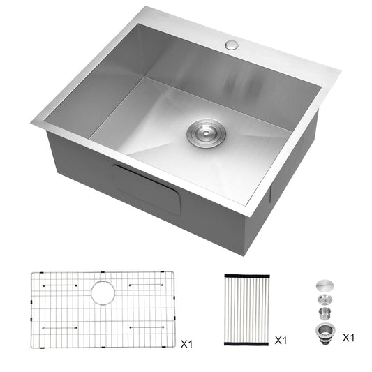 Lordear 25 Inch Drop In Kitchen Sink- Stainless Steel Drop-in Sink 18 Gauge Topmount Sink Single Bowl Overmount Kitchen Sink Bar Sink 25x22x9 Inches | Kitchen Drop-in Sink | Lordear