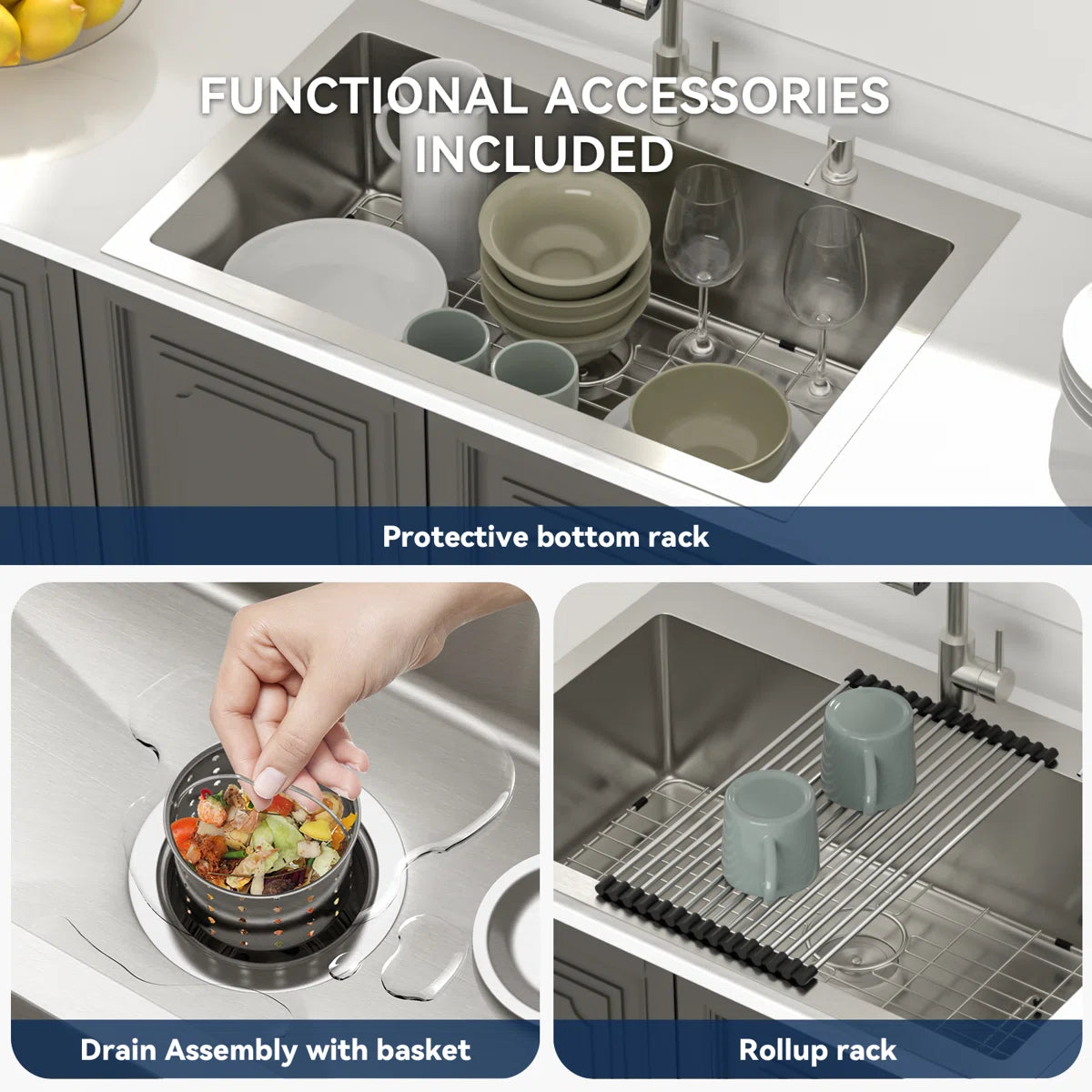 Lordear Kitchen sink with various accessories, including a protective bottom rack, drain assembly with basket, and roll-up rack.