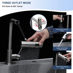 Lordear Multifunctional kitchen faucet with pull-down and swivel features, shown in use over a sink.
