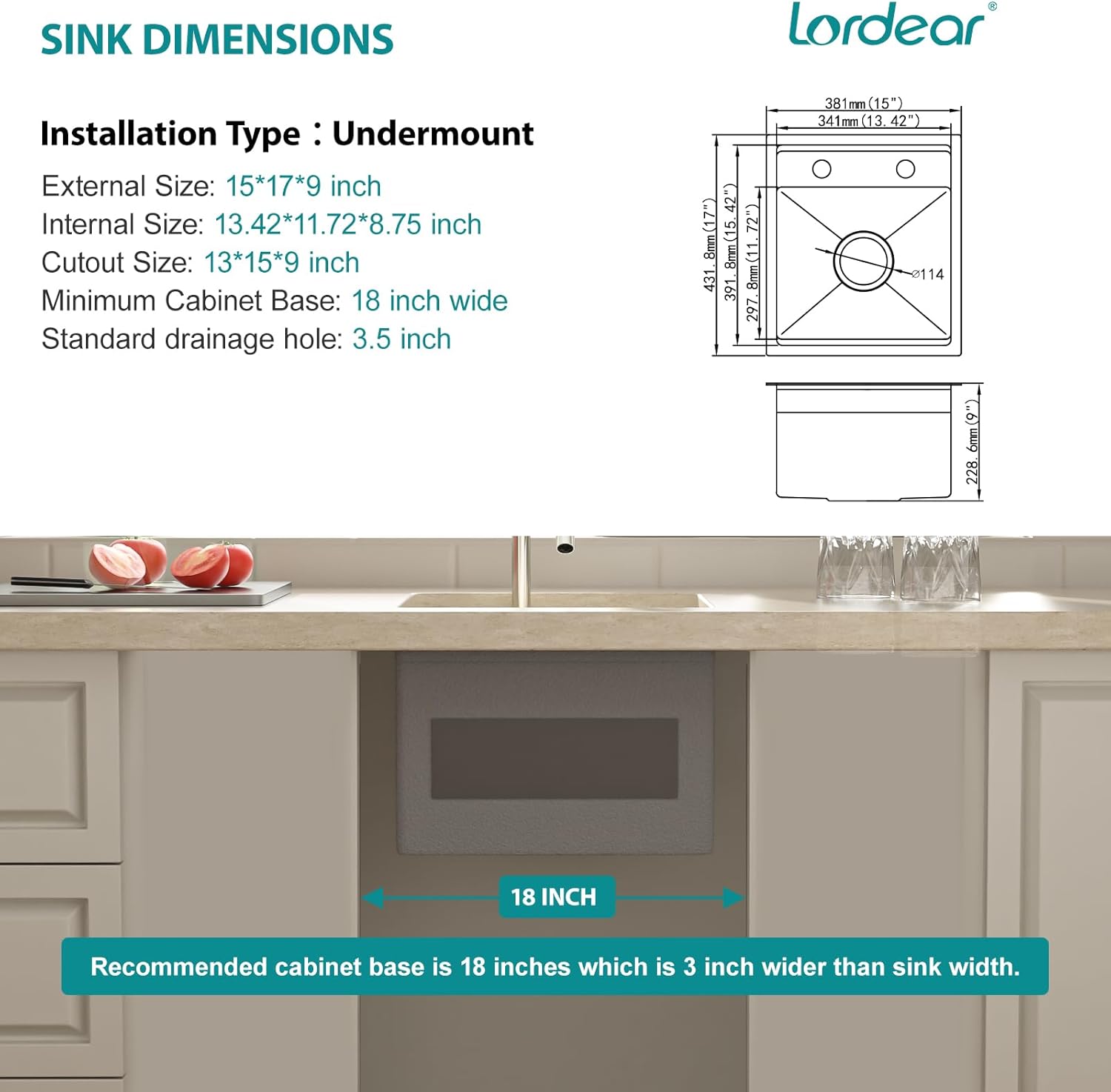 Lordear sink dimensions with installation details on a kitchen counter background