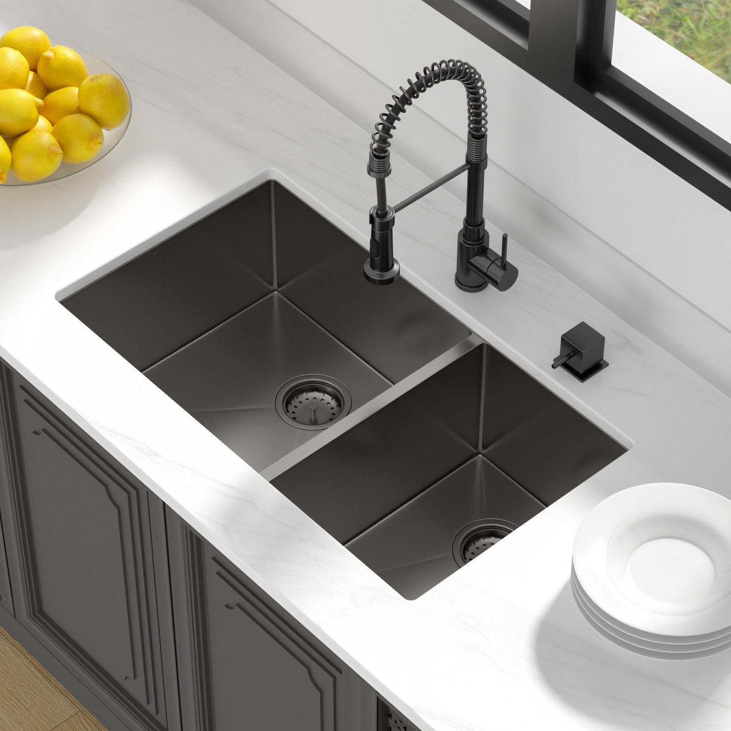 Lordear 33 inch Undermount Kitchen Sink Gunmetal Black Sink Double Bowl 60/40 Sink 16 Gauge Stainless Steel Kitchen Sink  from Lordear