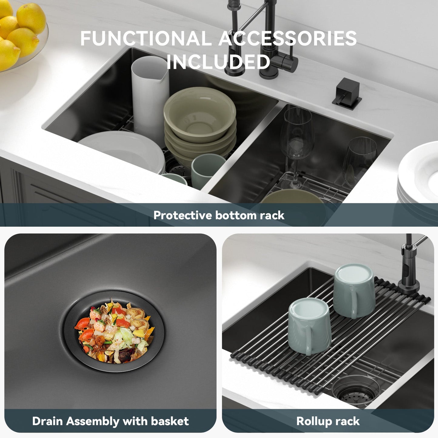 Lordear 33 inch Undermount Kitchen Sink Gunmetal Black Sink Double Bowl 60/40 Sink 16 Gauge Stainless Steel Kitchen Sink  from Lordear