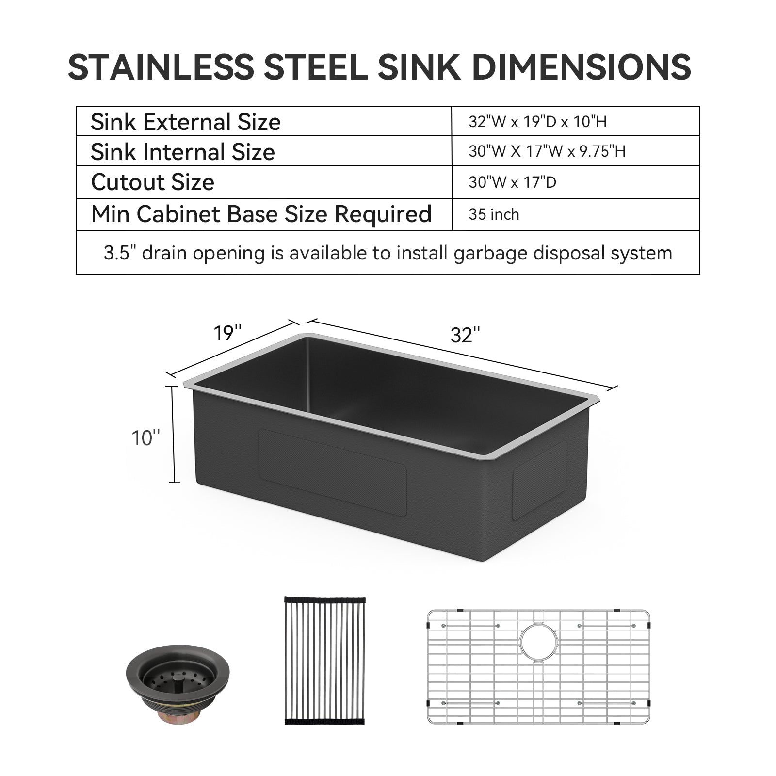 Lordear 32/33 Inch Undermount Kitchen Sink 16 Gauge Stainless Steel  Kitchen Sink 32x19/33x19 Inch Gunmetal Black Single Bowl Sink  from Lordear