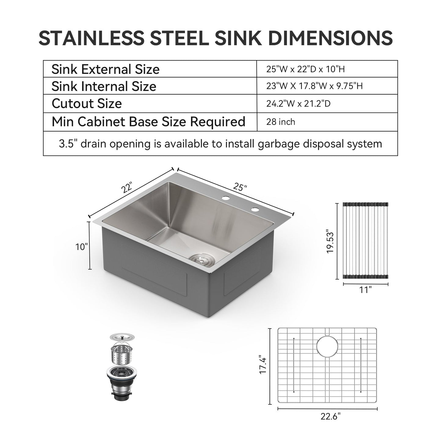 Lordear 25/28/33 Inch Drop In Kitchen Sink 16 Gauge Stainless Steel  Kitchen Sink Topmount Single Bowl Sink with Rack,Drain Assembly and Grid  from Lordear