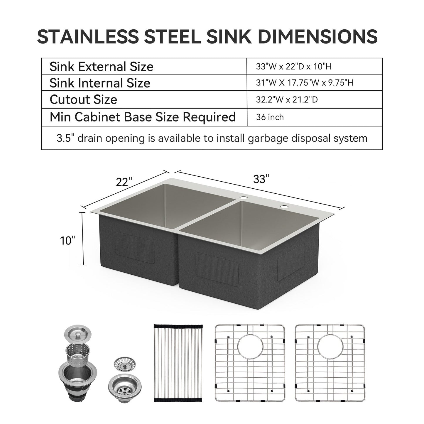 Lordear 33 Inch Drop-in  Kitchen Sink Topmount Double Bowl 50/50 or 60/40 Sink 16 Gauge Stainless Steel Kitchen Sink R10 Tight Radius Kitchen Sink  from Lordear