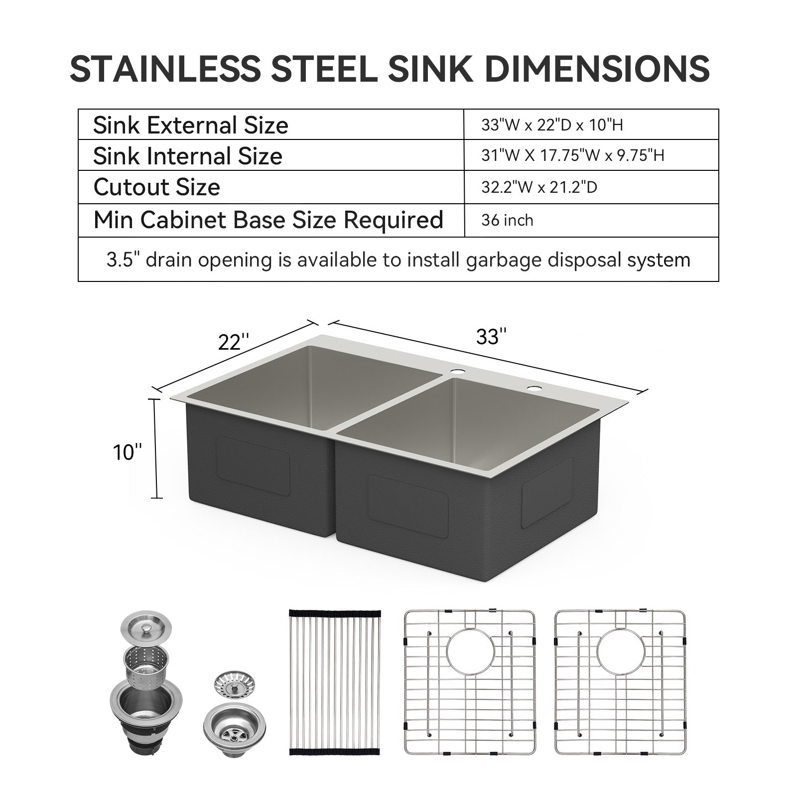 Lordear 33 Inch Drop-in  Kitchen Sink Topmount Double Bowl 50/50 or 60/40 Sink 16 Gauge Stainless Steel Kitchen Sink R10 Tight Radius Kitchen Sink  from Lordear