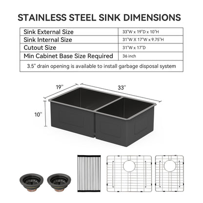 Lordear 33 inch Undermount Kitchen Sink Gunmetal Black Sink Double Bowl 60/40 Sink 16 Gauge Stainless Steel Kitchen Sink  from Lordear