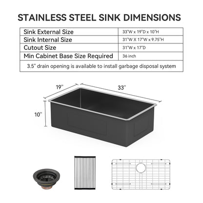 Lordear 32/33 Inch Undermount Kitchen Sink 16 Gauge Stainless Steel  Kitchen Sink 32x19/33x19 Inch Gunmetal Black Single Bowl Sink  from Lordear