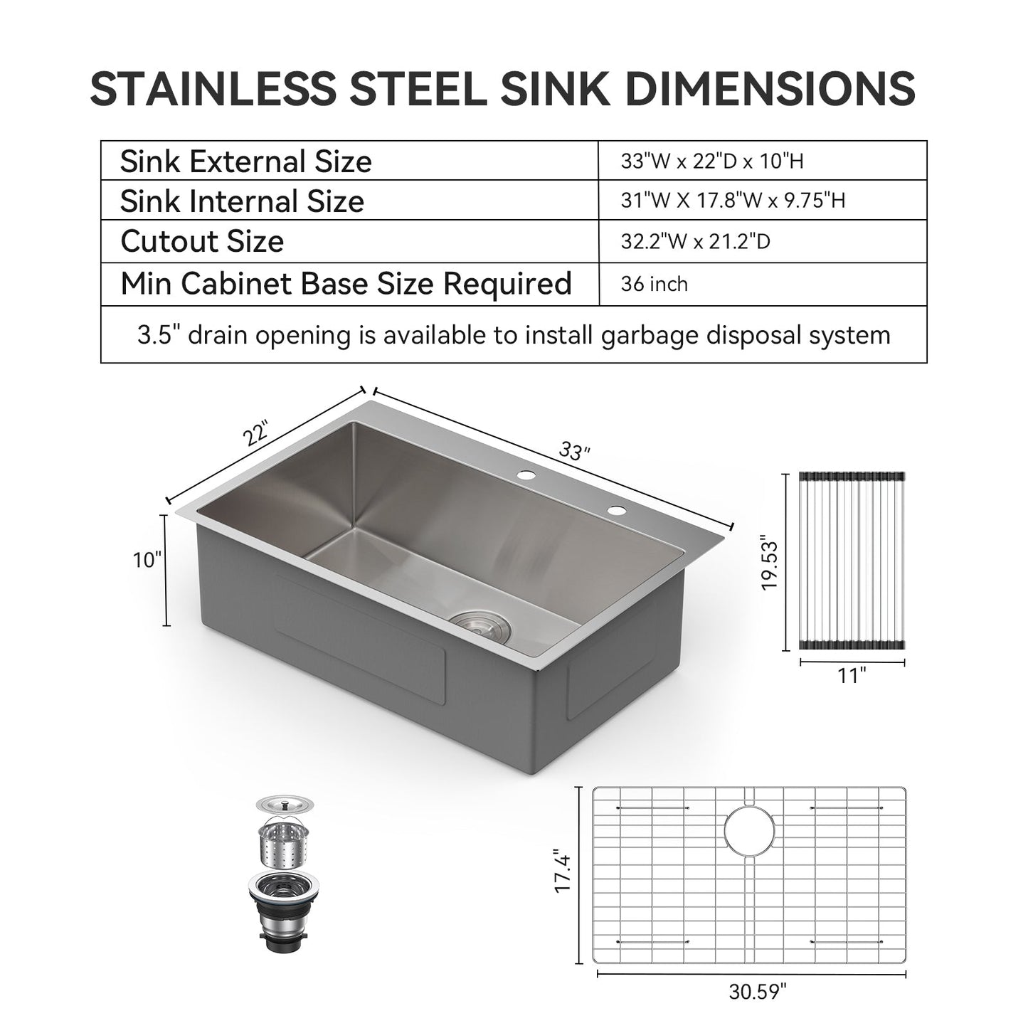 Lordear 25/28/33 Inch Drop In Kitchen Sink 16 Gauge Stainless Steel  Kitchen Sink Topmount Single Bowl Sink with Rack,Drain Assembly and Grid  from Lordear