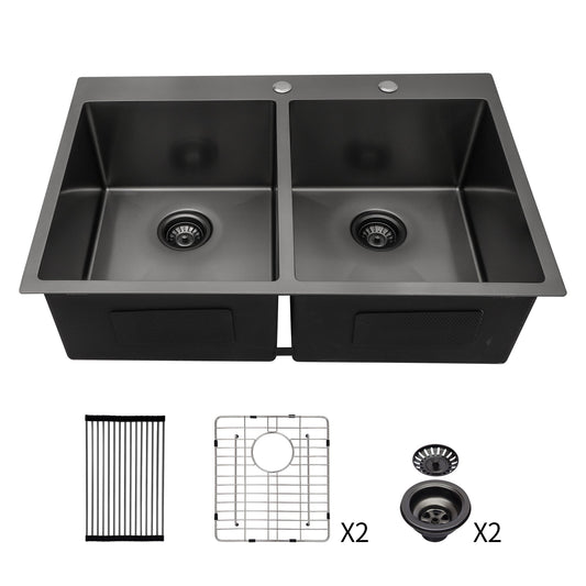 Lordear 33'' Gunmetal Black Double Bowl Drop-in Stainless Steel Kitchen Sink