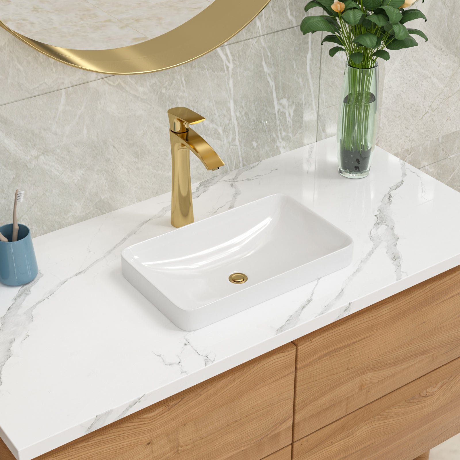 19in L x 12in W Semi Recessed Bathroom Sink Rectangular White Ceramic Vessel Sink Above Counter Sink  from Lordear