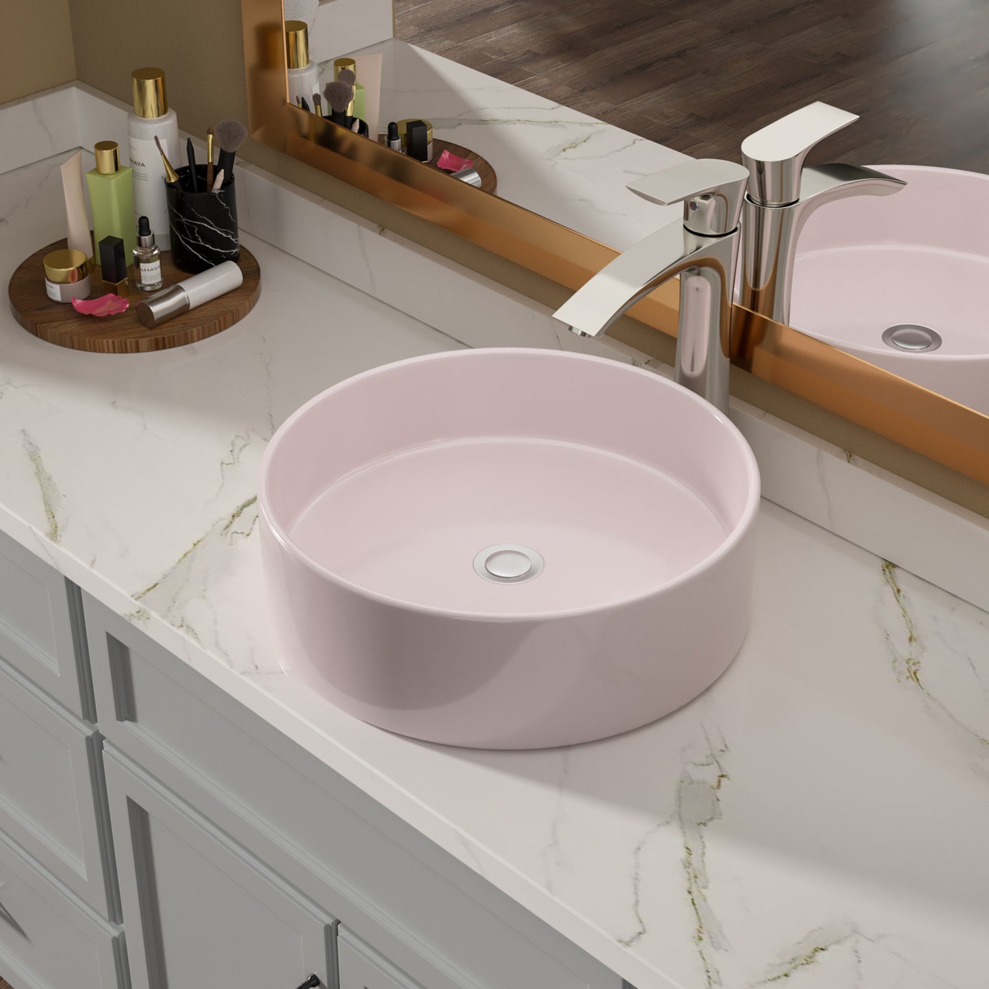 16in L x 16in W Vessel Round Bathroom Sink Modern Above Counter Bathroom Sink Ceramic Art Basin-Pink  from Lordear