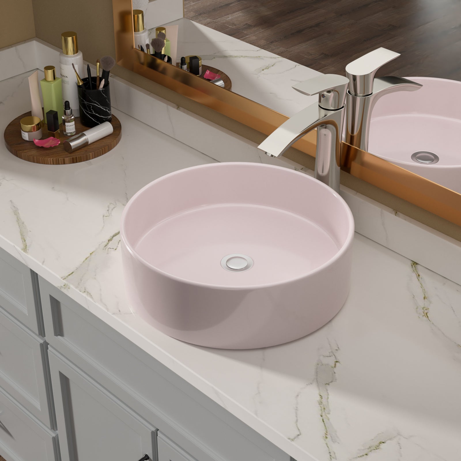 16in L x 16in W Vessel Round Bathroom Sink Modern Above Counter Bathroom Sink Ceramic Art Basin-Pink  from Lordear