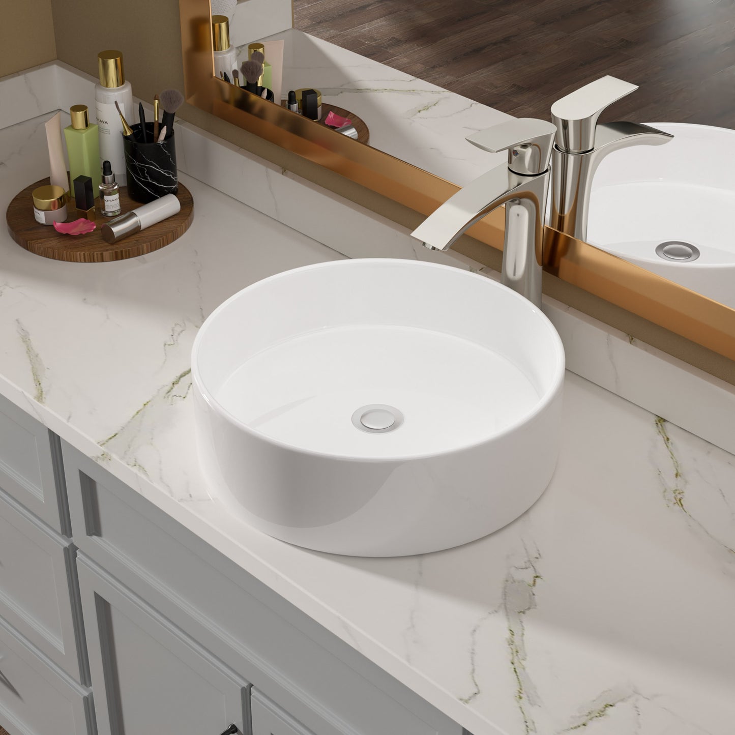 16in L x 16in W Vessel Round Bathroom Sink Modern Above Counter Bathroom Sink Ceramic Art Basin-White  from Lordear