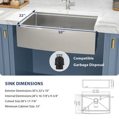 Lordear 30'' Single Bowl Workstation Apron Front Stainless Steel Farmhouse Sink