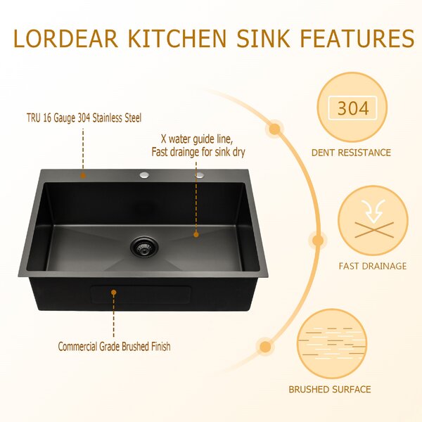 Drop-in Kitchen Sink 16 Gauge Stainless Steel Kitchen Sink Topmount Single Bowl Basin Sink-33in H x 22in W x 10in D  from Lordear