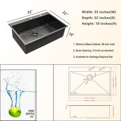 Drop-in Kitchen Sink 16 Gauge Stainless Steel Kitchen Sink Topmount Single Bowl Basin Sink-33in H x 22in W x 10in D  from Lordear