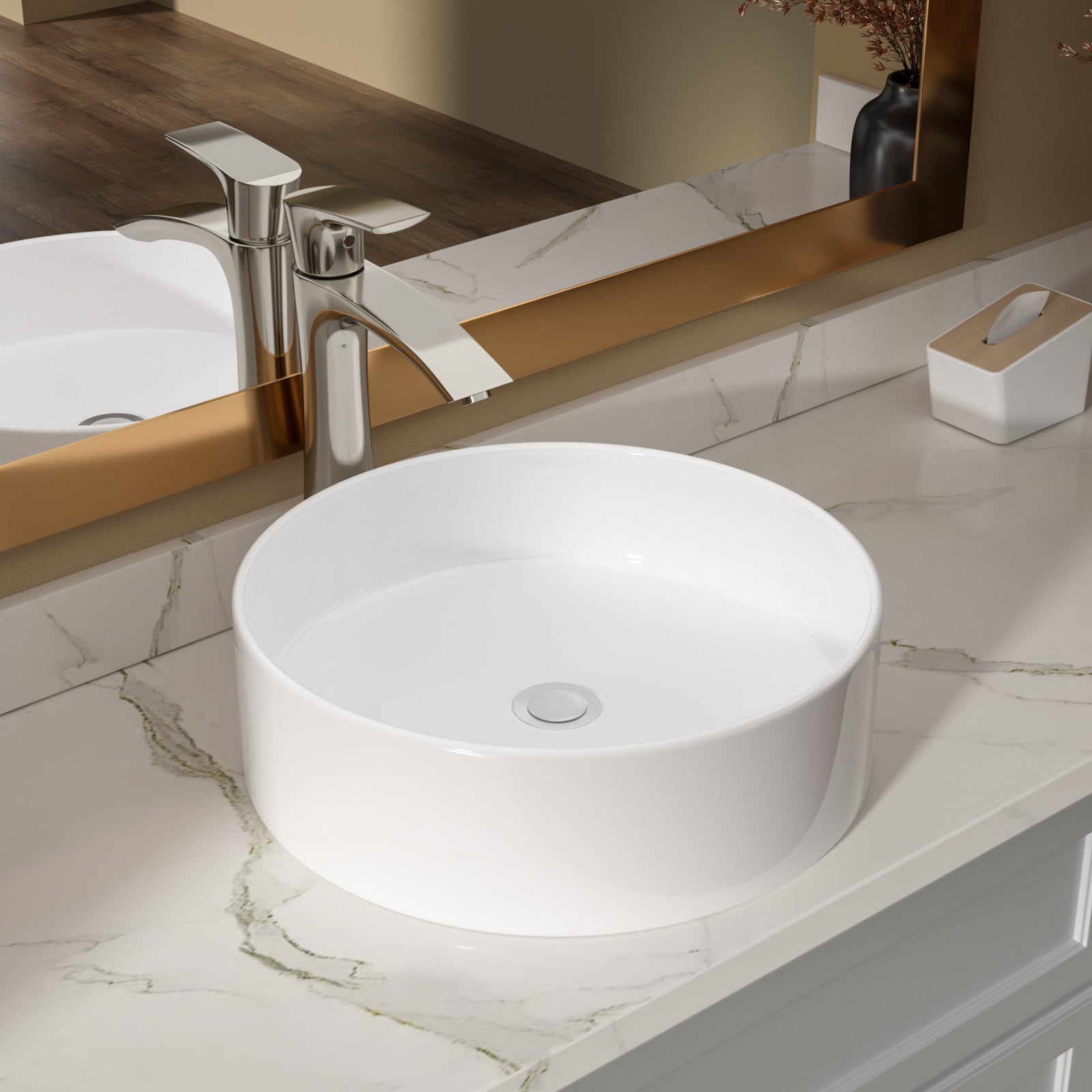 16in L x 16in W Vessel Round Bathroom Sink Modern Above Counter Bathroom Sink Ceramic Art Basin-White  from Lordear