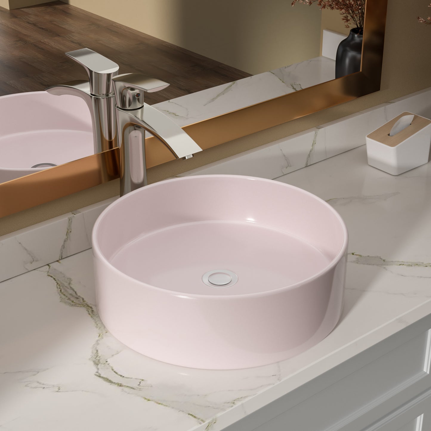 16in L x 16in W Vessel Round Bathroom Sink Modern Above Counter Bathroom Sink Ceramic Art Basin-Pink  from Lordear