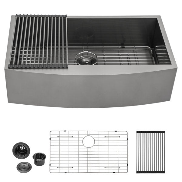 Farmhouse Gunmetal Black 16 Gauge Stainless Steel Kitchen Sink Single Bowl Apron Front Kitchen Sink-36  H x 21  W x 9  D  from Lordear